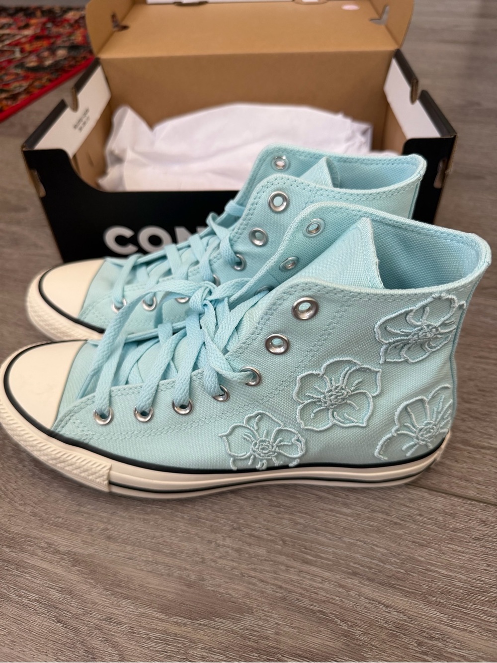 Converse Women's High Top Sneakers - Light Aqua Floral Embroidery